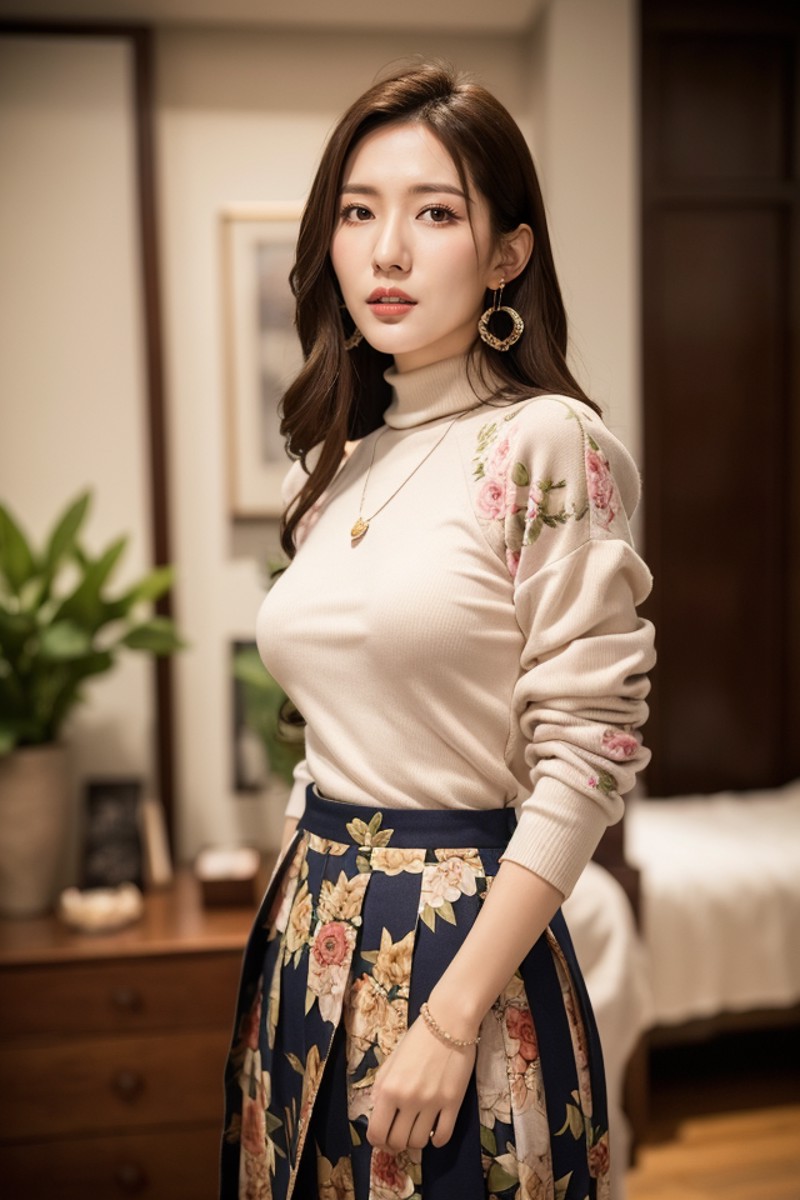 29502-3482347236-Li Yunsi,1girl,pleated skirt,jewelry,turtleneck,earrings,brown hair,necklace,long hair,brown eyes,(floral shirt_1.2),shirt,best.png